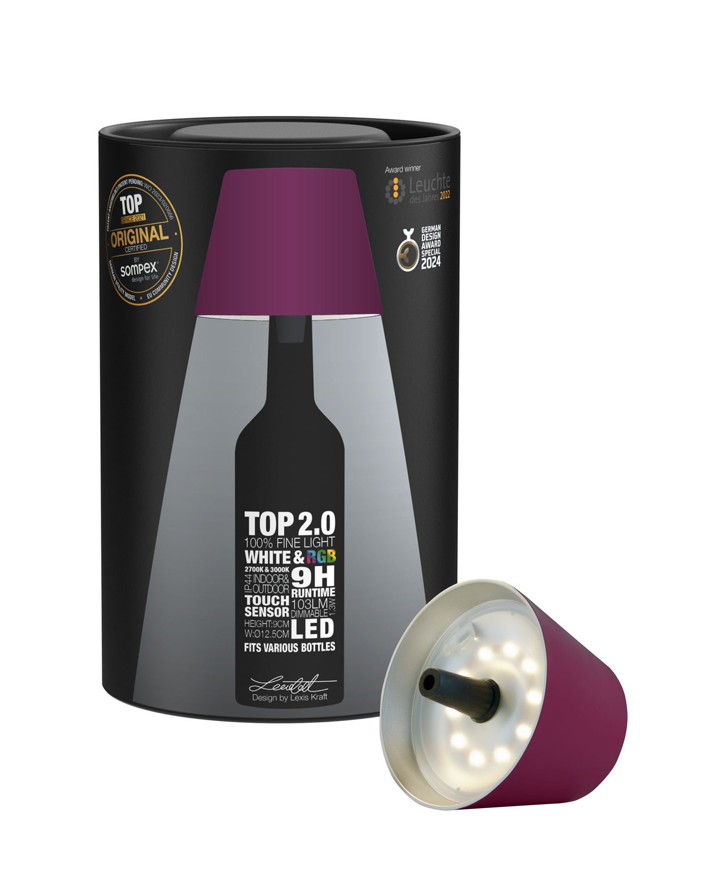 TOP 2.0 - bordeaux, Akku-Flaschenleuchte