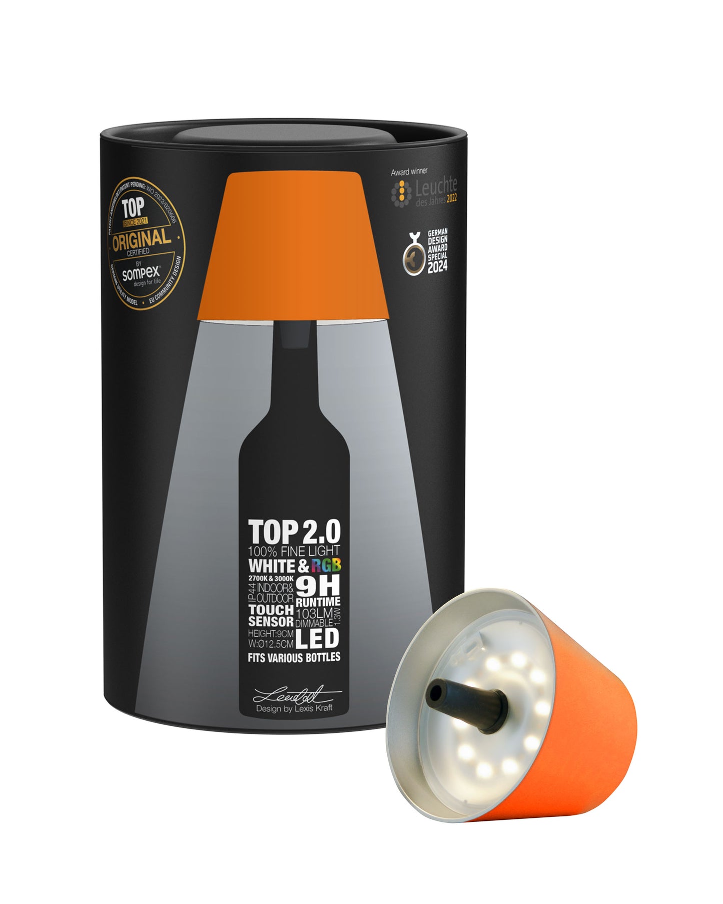 TOP 2.0 - orange, Akku-Flaschenleuchte