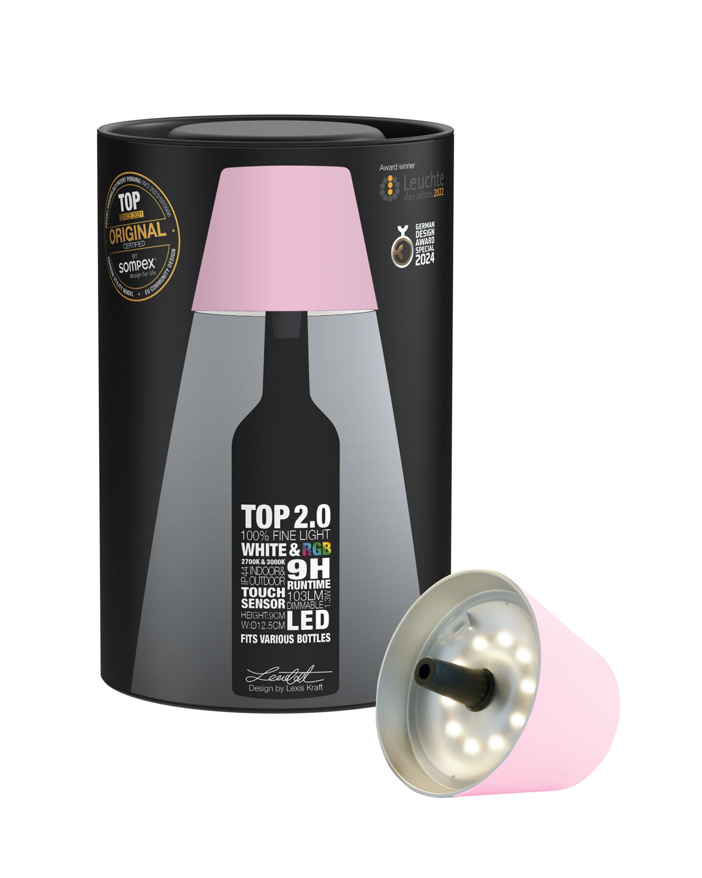 TOP 2.0 - rosa, Akku-Flaschenleuchte