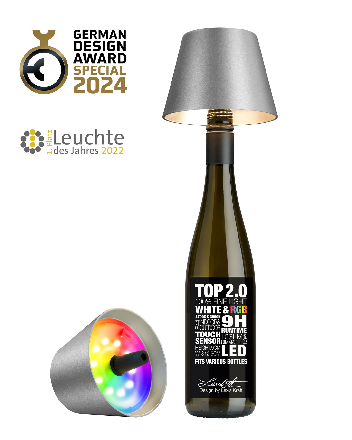 TOP 2.0 - graphit, Akku-Flaschenleuchte