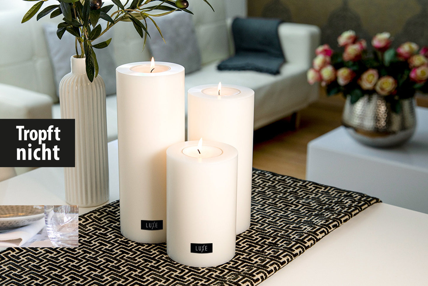 3er-Set LUXE Trend Dauerkerze Ø 8cm (Weiß)