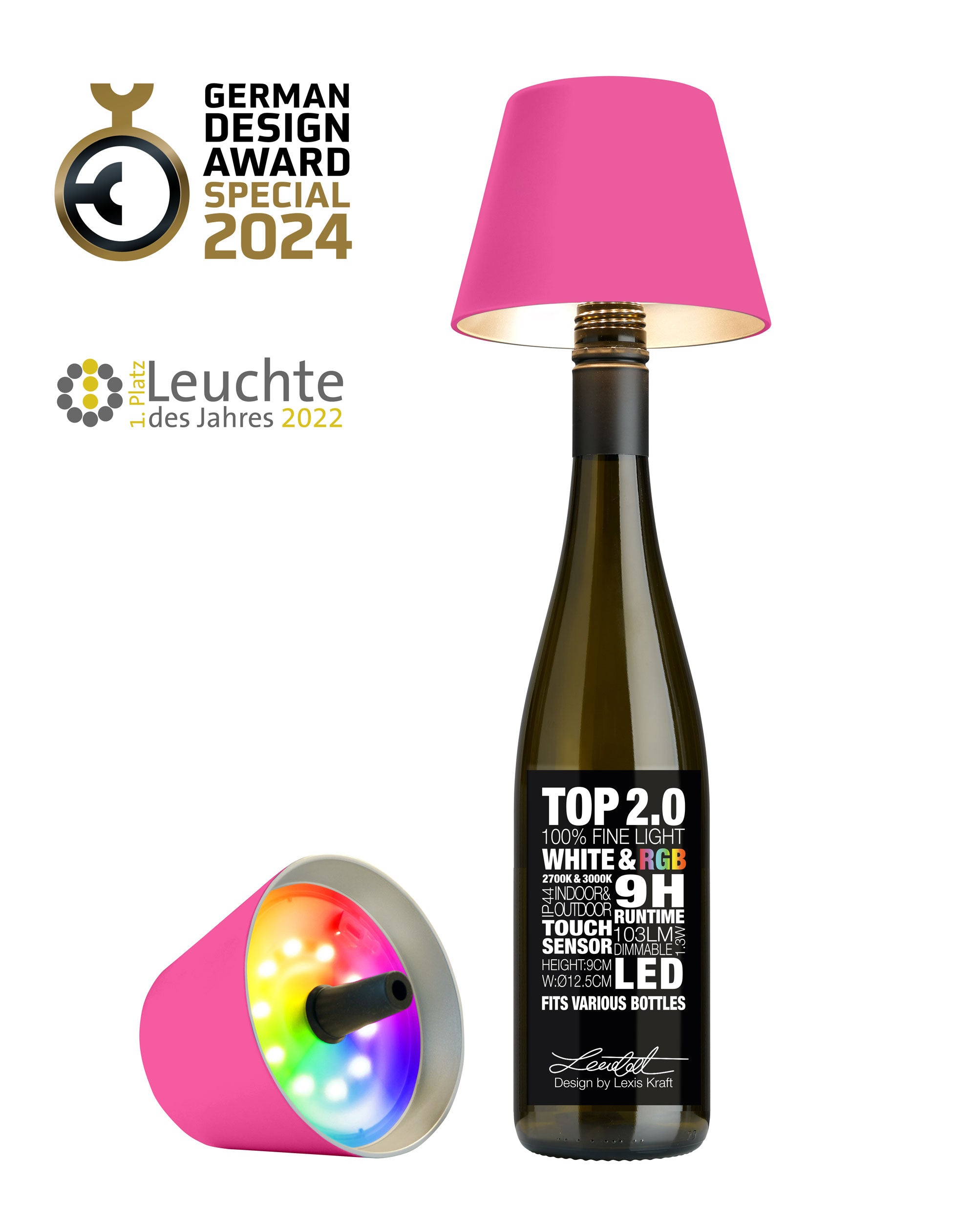 TOP 2.0 - neon pink, Akku-Flaschenleuchte