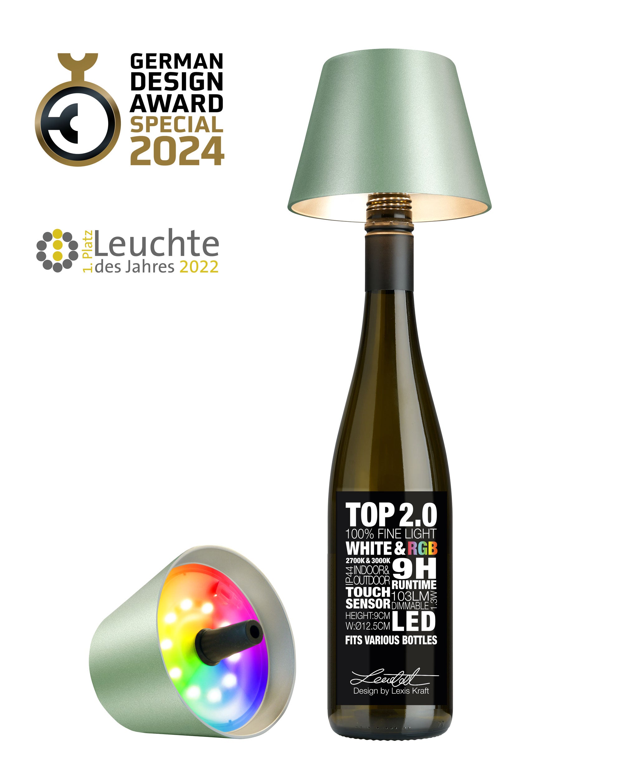 TOP 2.0 - grün metallic, Akku-Flaschenleuchte