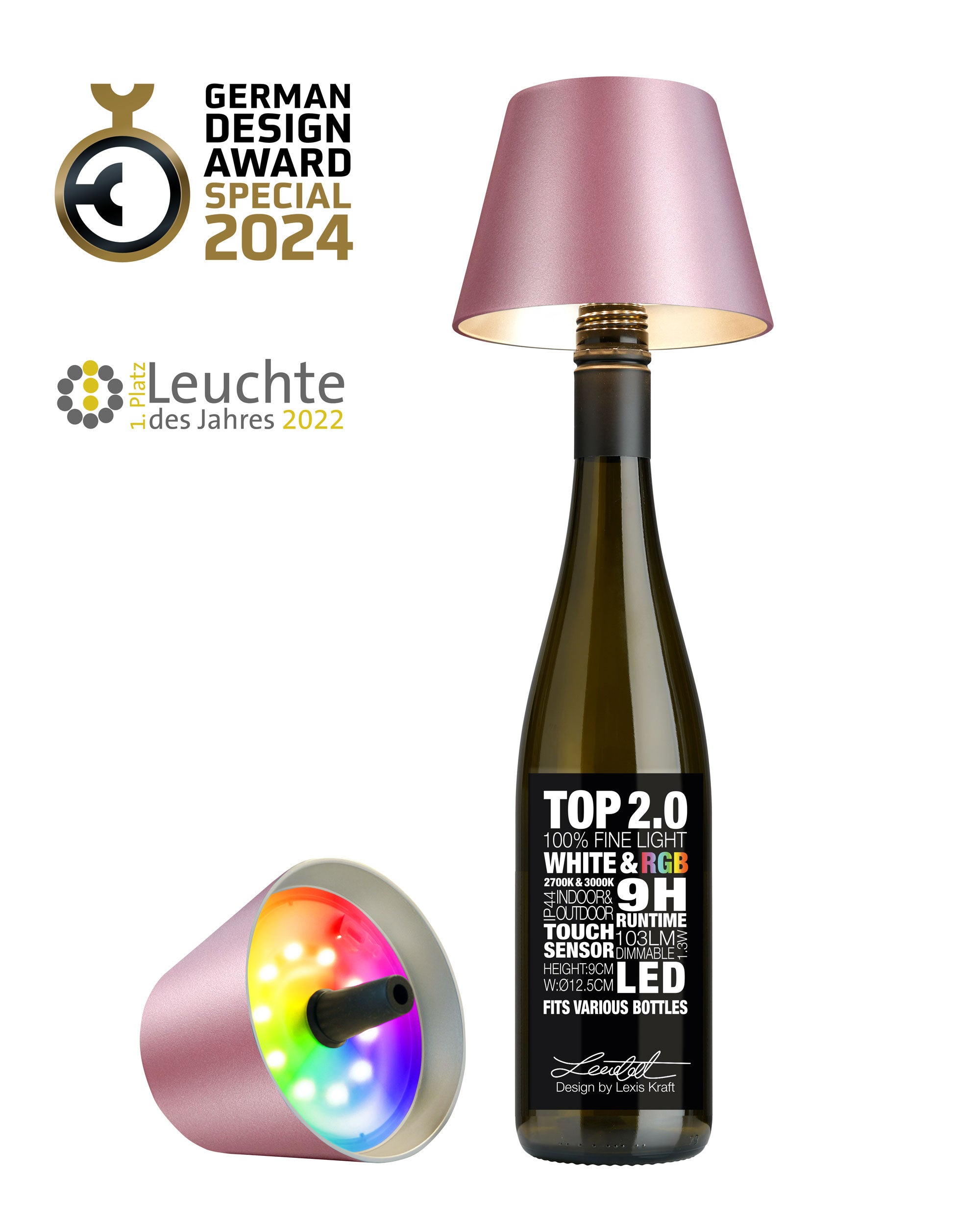 TOP 2.0 - pink metallic, Akku-Flaschenleuchte