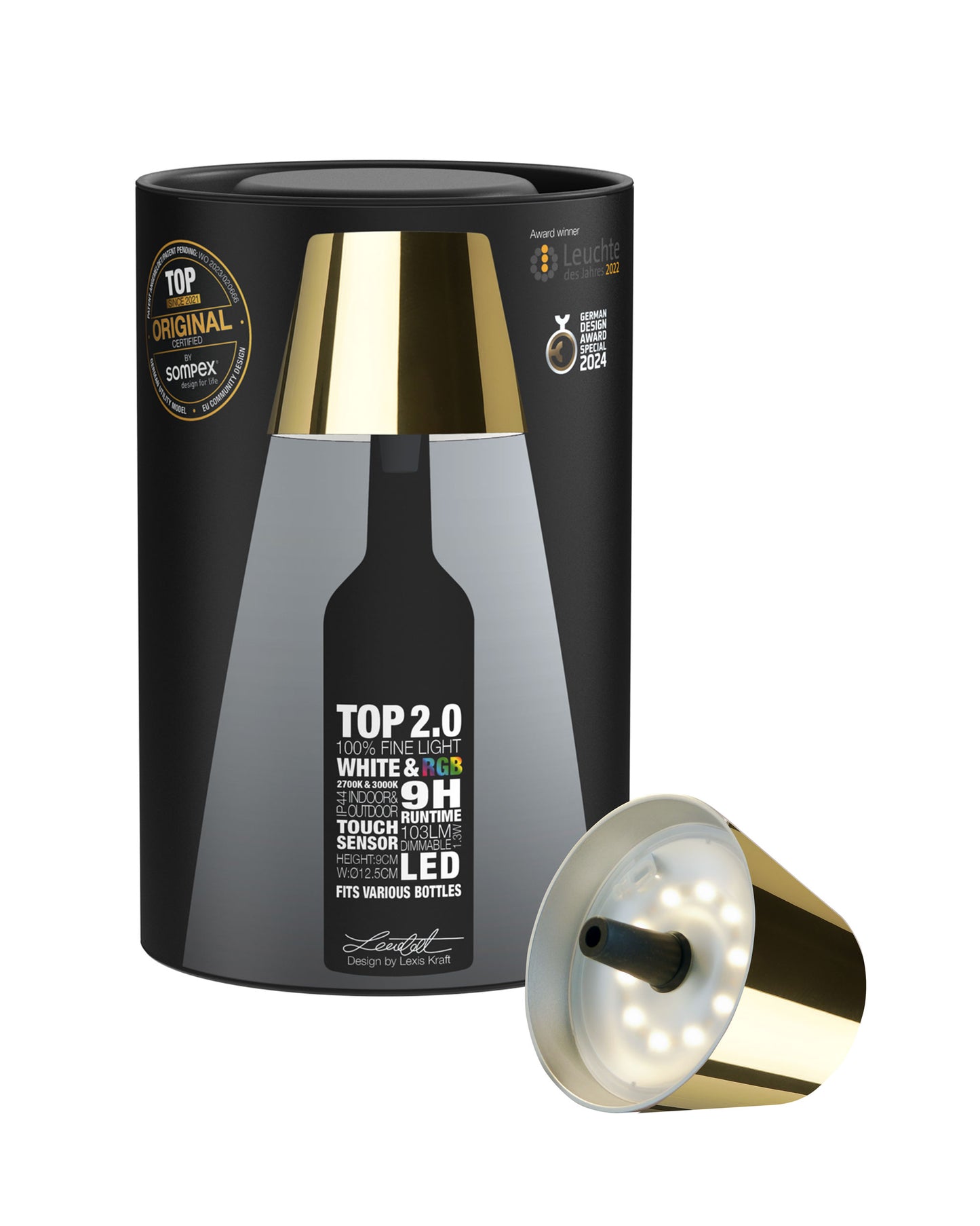 TOP 2.0 - gold, Akku-Flaschenleuchte