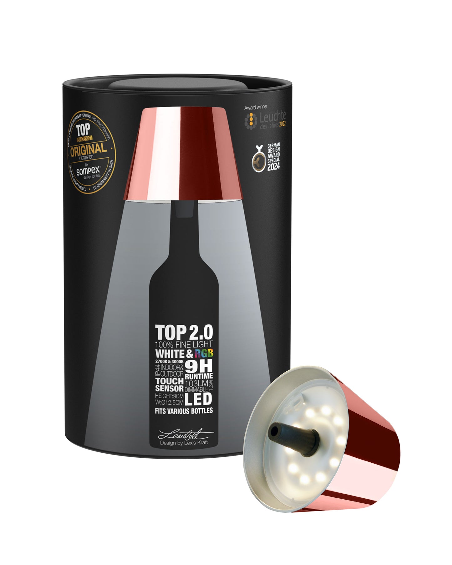 TOP 2.0 - roségold, Akku-Flaschenleuchte